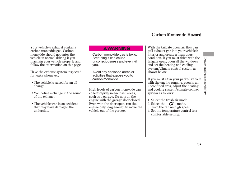 Carbon monoxide hazard | HONDA 00X31-S9V-6502 User Manual | Page 63 / 330