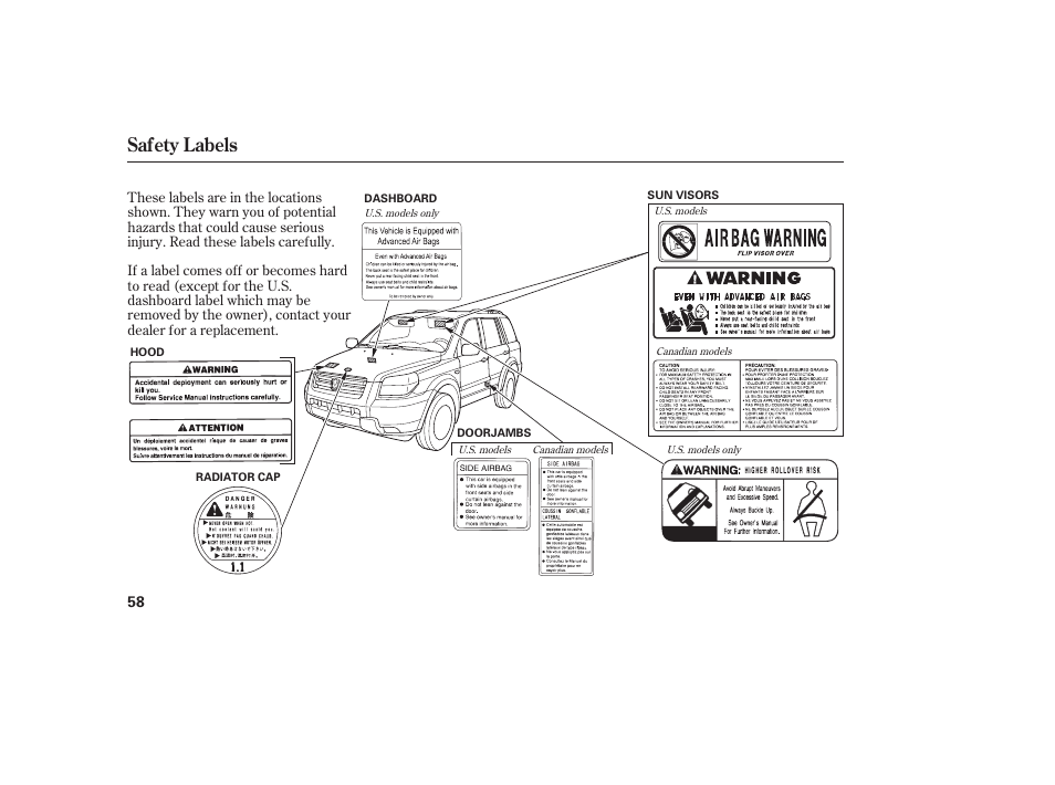 Safety labels | HONDA 00X31-S9V-6502 User Manual | Page 64 / 330