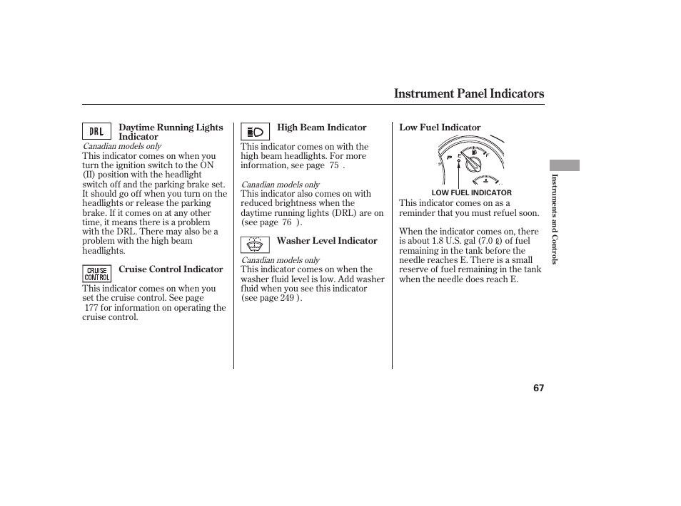 Instrument panel indicators | HONDA 00X31-S9V-6502 User Manual | Page 73 / 330