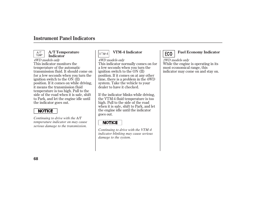 Instrument panel indicators | HONDA 00X31-S9V-6502 User Manual | Page 74 / 330