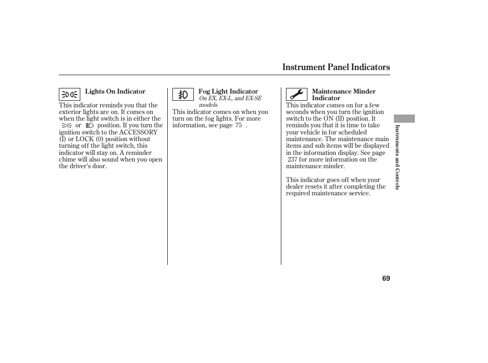 Instrument panel indicators | HONDA 00X31-S9V-6502 User Manual | Page 75 / 330