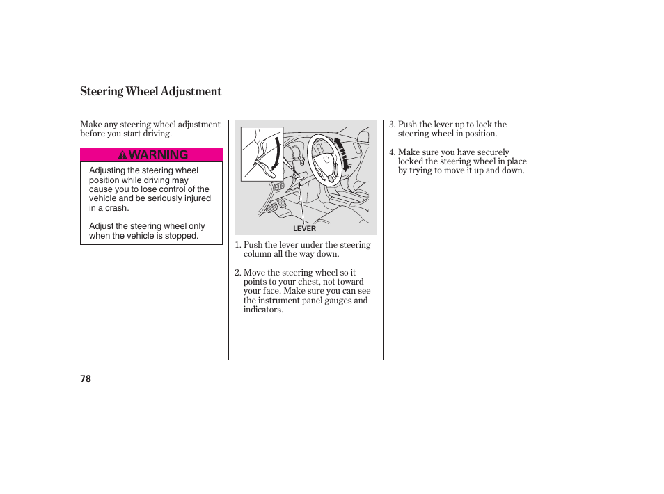 Steering wheel adjustment | HONDA 00X31-S9V-6502 User Manual | Page 84 / 330