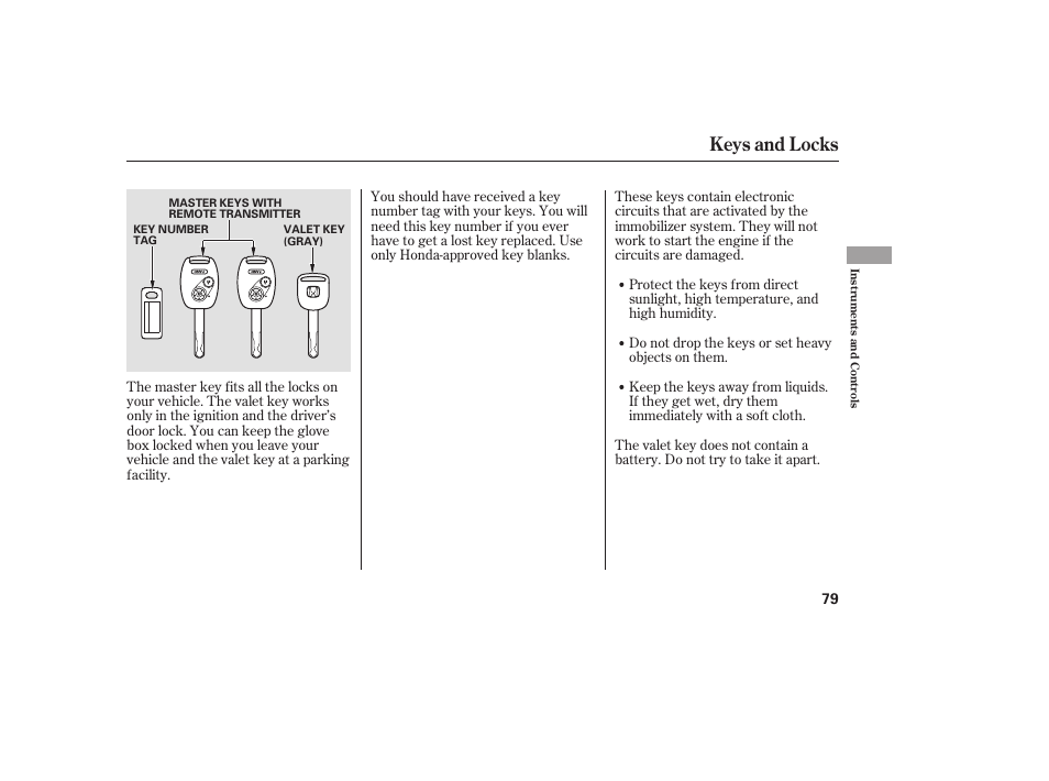 Keys and locks | HONDA 00X31-S9V-6502 User Manual | Page 85 / 330