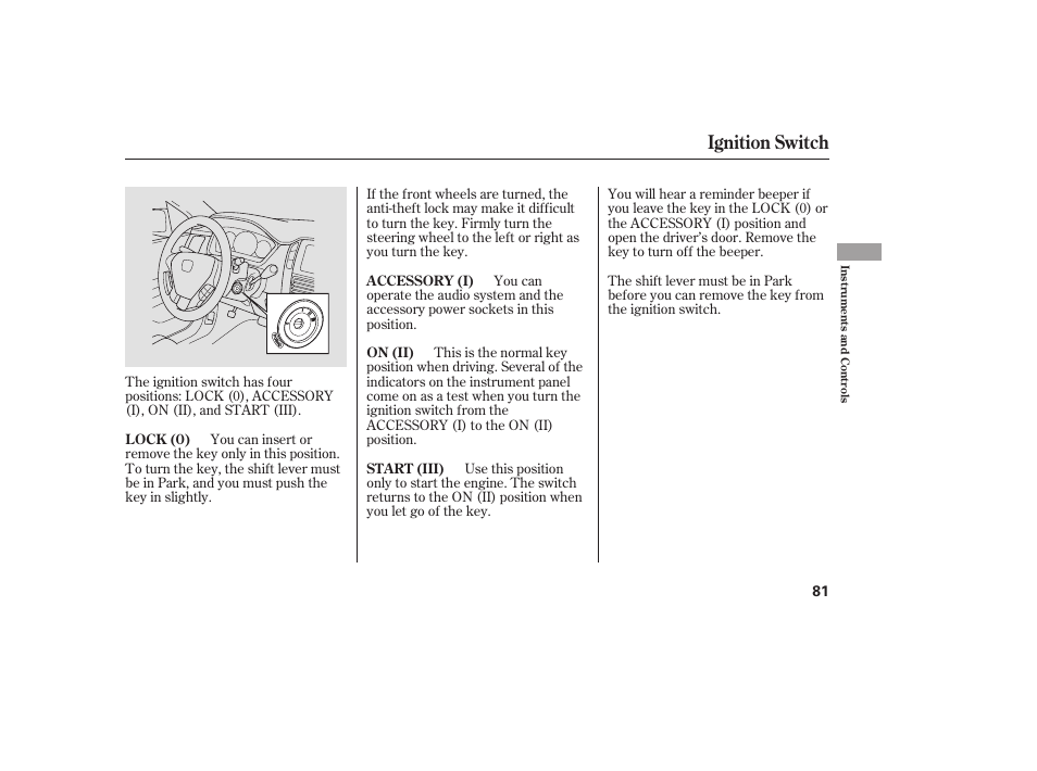 Ignition switch | HONDA 00X31-S9V-6502 User Manual | Page 87 / 330