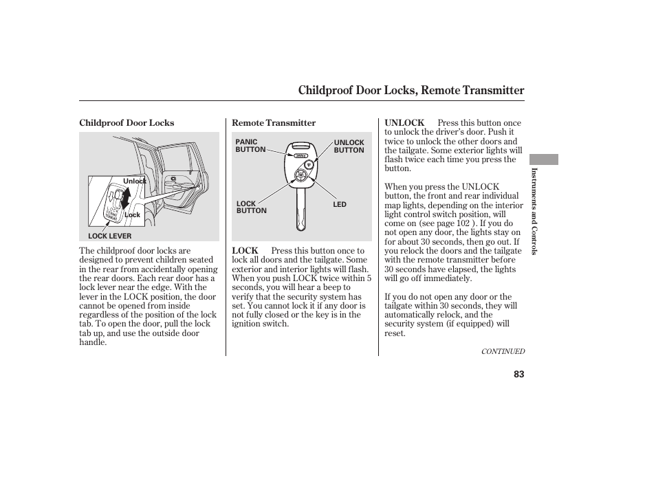 Childproof door locks, remote transmitter | HONDA 00X31-S9V-6502 User Manual | Page 89 / 330