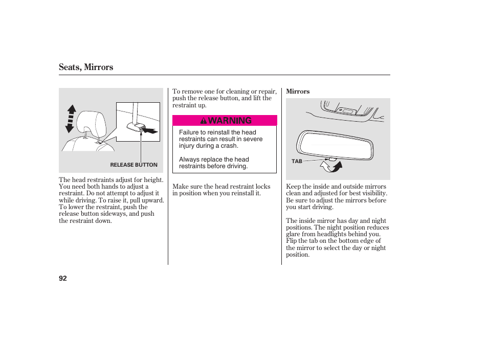 Seats, mirrors | HONDA 00X31-S9V-6502 User Manual | Page 98 / 330