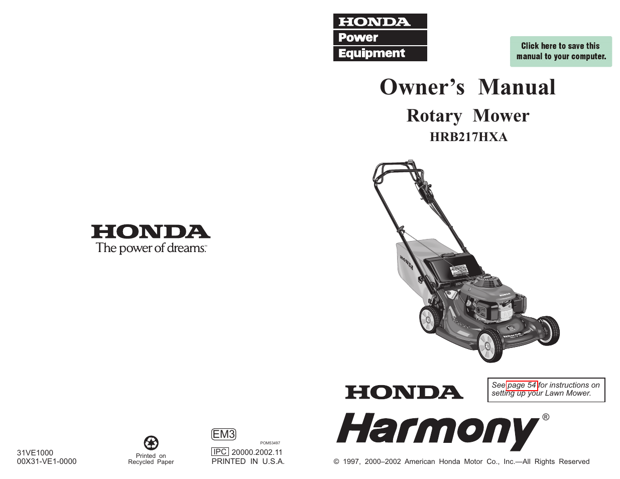 HONDA Honda HRB217HXA User Manual | 76 pages