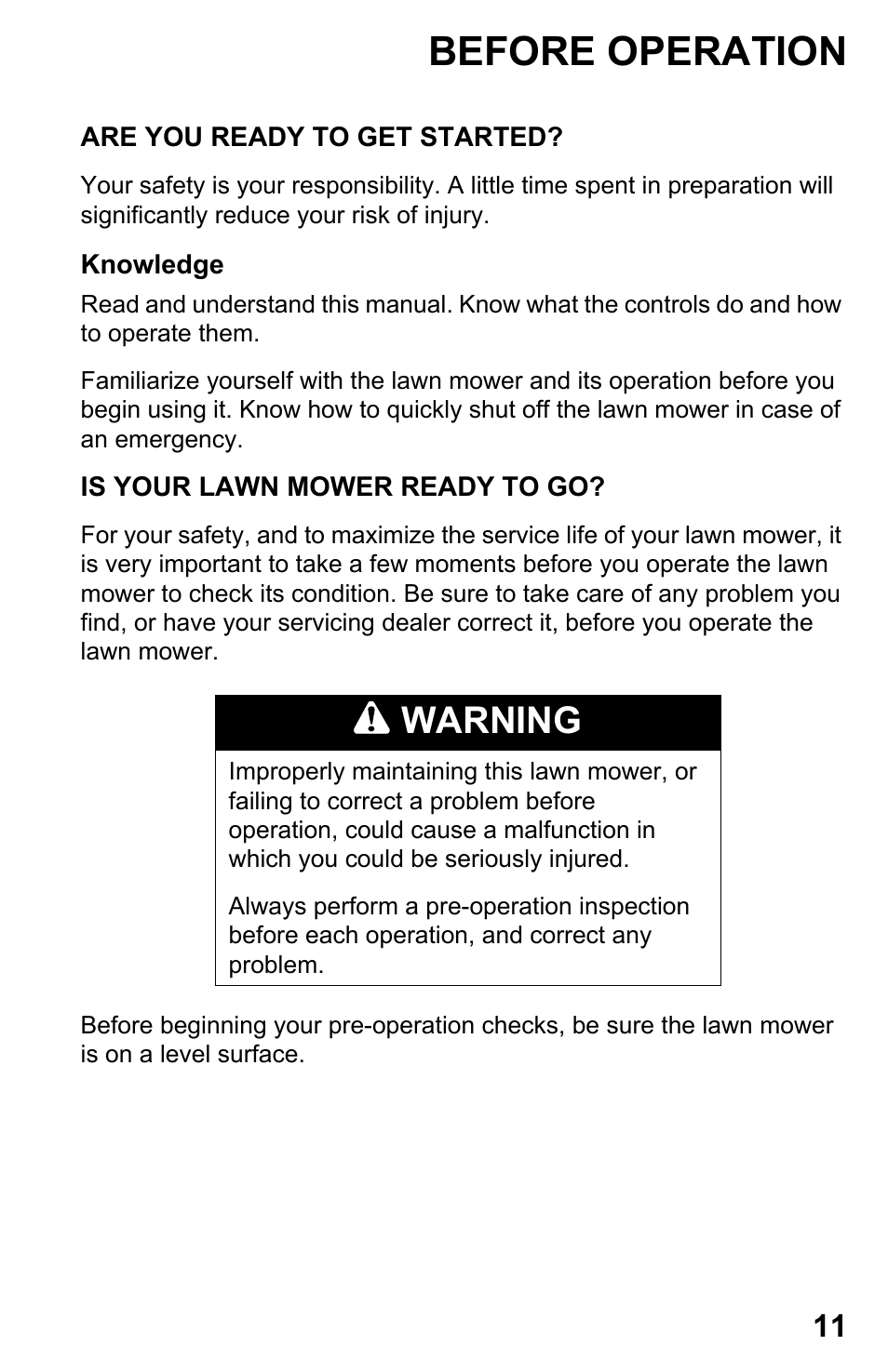 Before operation, Are you ready to get started, Is your lawn mower ready to go | Warning | HONDA Honda HRB217HXA User Manual | Page 13 / 76