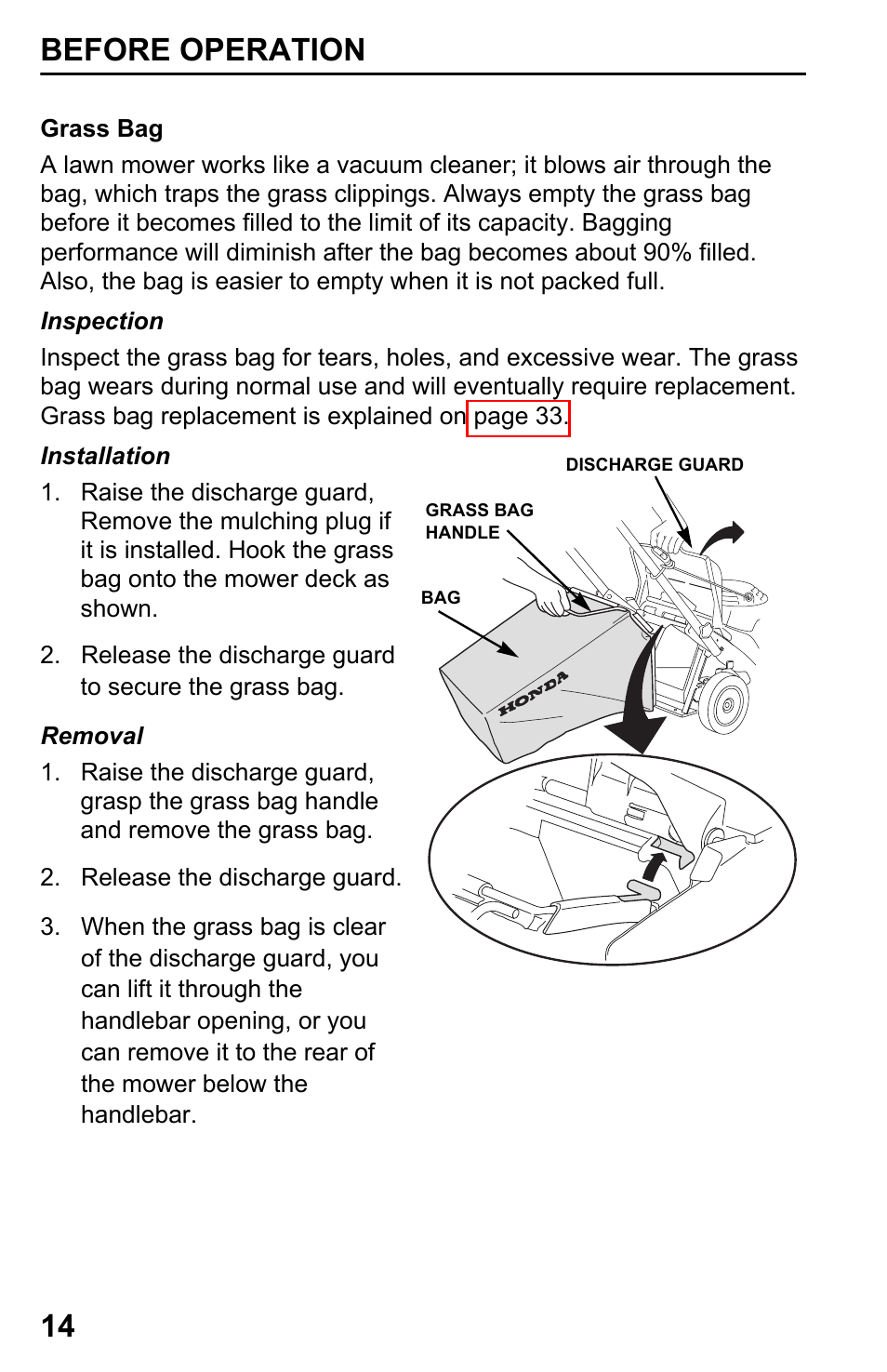 Before operation 14 | HONDA Honda HRB217HXA User Manual | Page 16 / 76