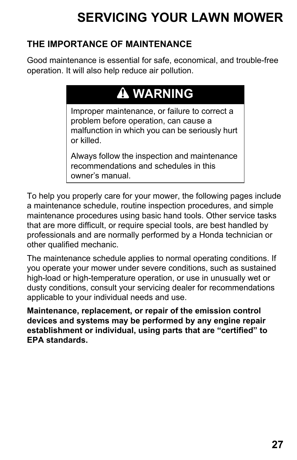 Servicing your lawn mower, The importance of maintenance, Warning | HONDA Honda HRB217HXA User Manual | Page 29 / 76