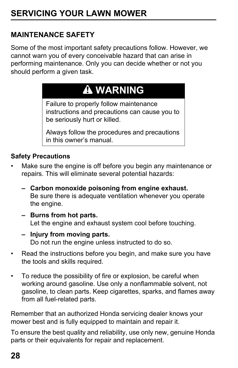 Maintenance safety, Warning, Servicing your lawn mower 28 | HONDA Honda HRB217HXA User Manual | Page 30 / 76