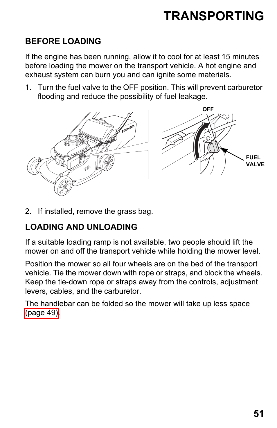 Transporting, Before loading, Loading and unloading | HONDA Honda HRB217HXA User Manual | Page 53 / 76