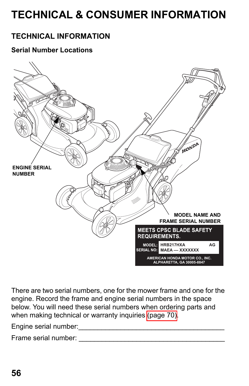 Technical & consumer information, Technical information | HONDA Honda HRB217HXA User Manual | Page 58 / 76