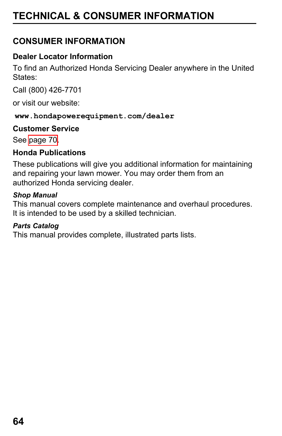 Consumer information, Technical & consumer information 64 | HONDA Honda HRB217HXA User Manual | Page 66 / 76