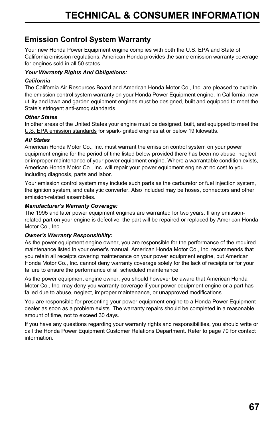 Technical & consumer information 67 | HONDA Honda HRB217HXA User Manual | Page 69 / 76