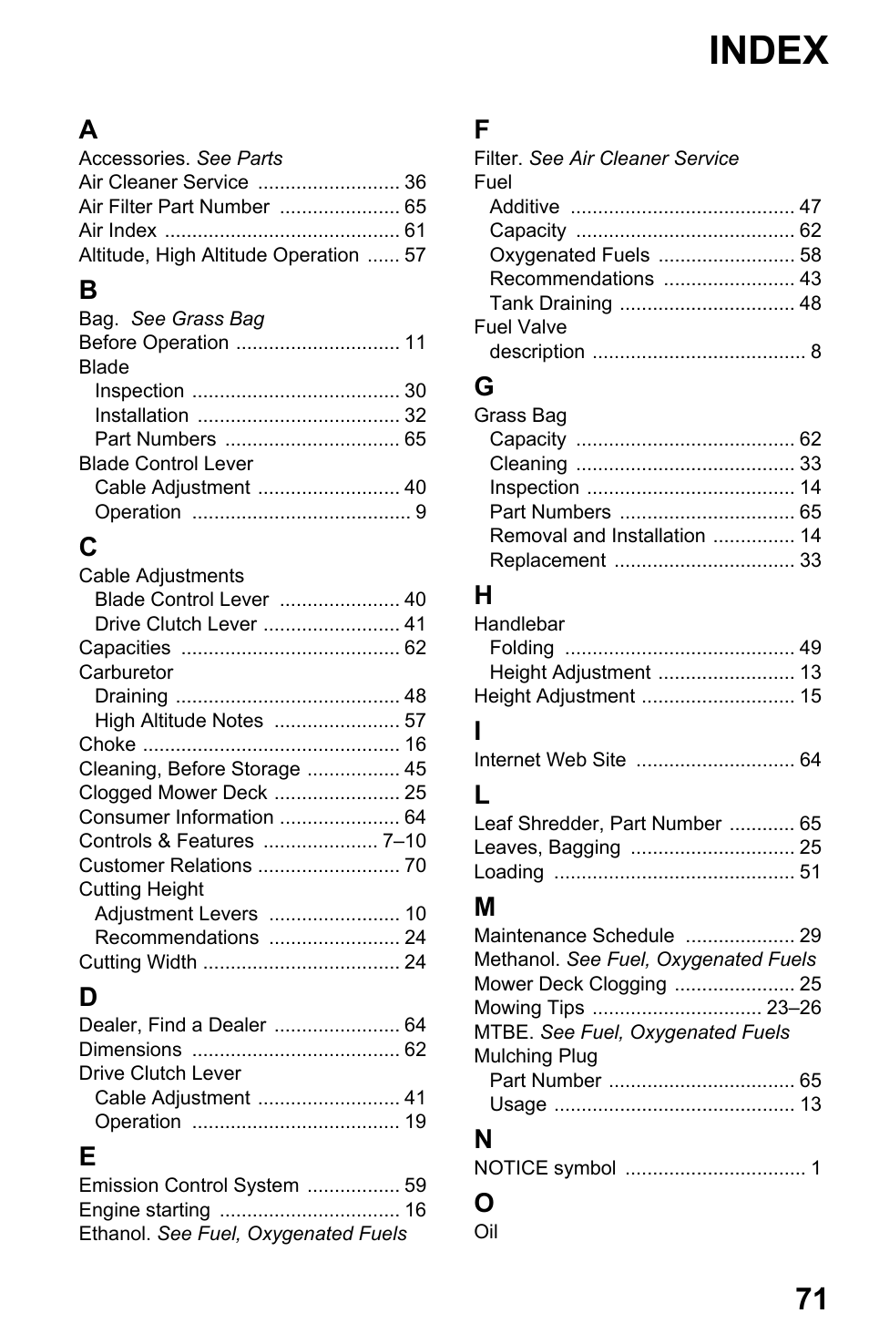 Index | HONDA Honda HRB217HXA User Manual | Page 73 / 76