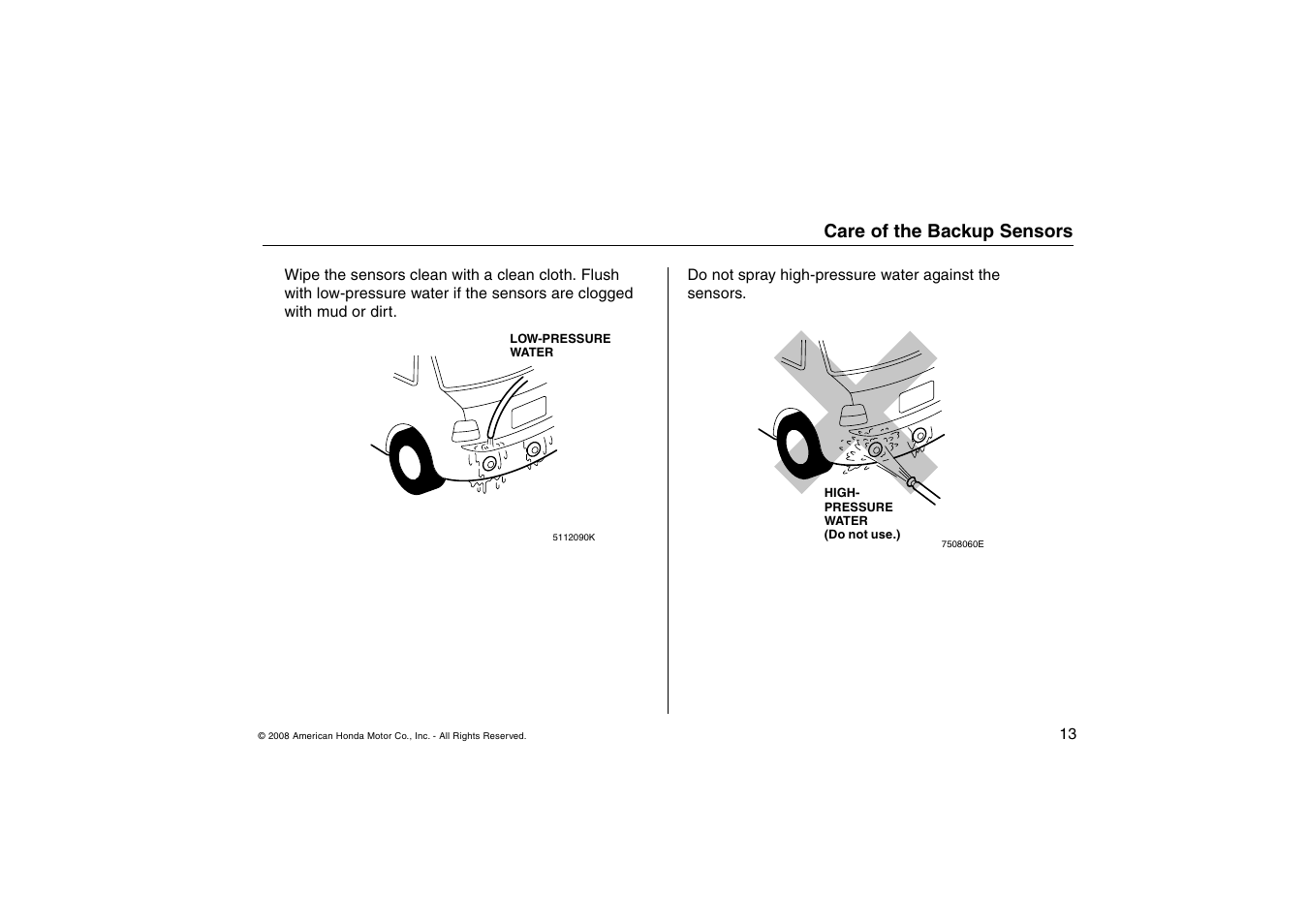 Care of the backup sensors | HONDA Backup Sensors TSX User Manual | Page 13 / 16