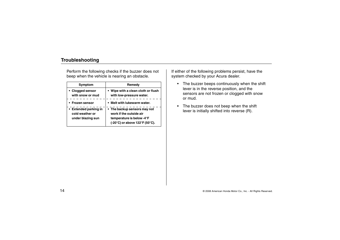 HONDA Backup Sensors TSX User Manual | Page 14 / 16