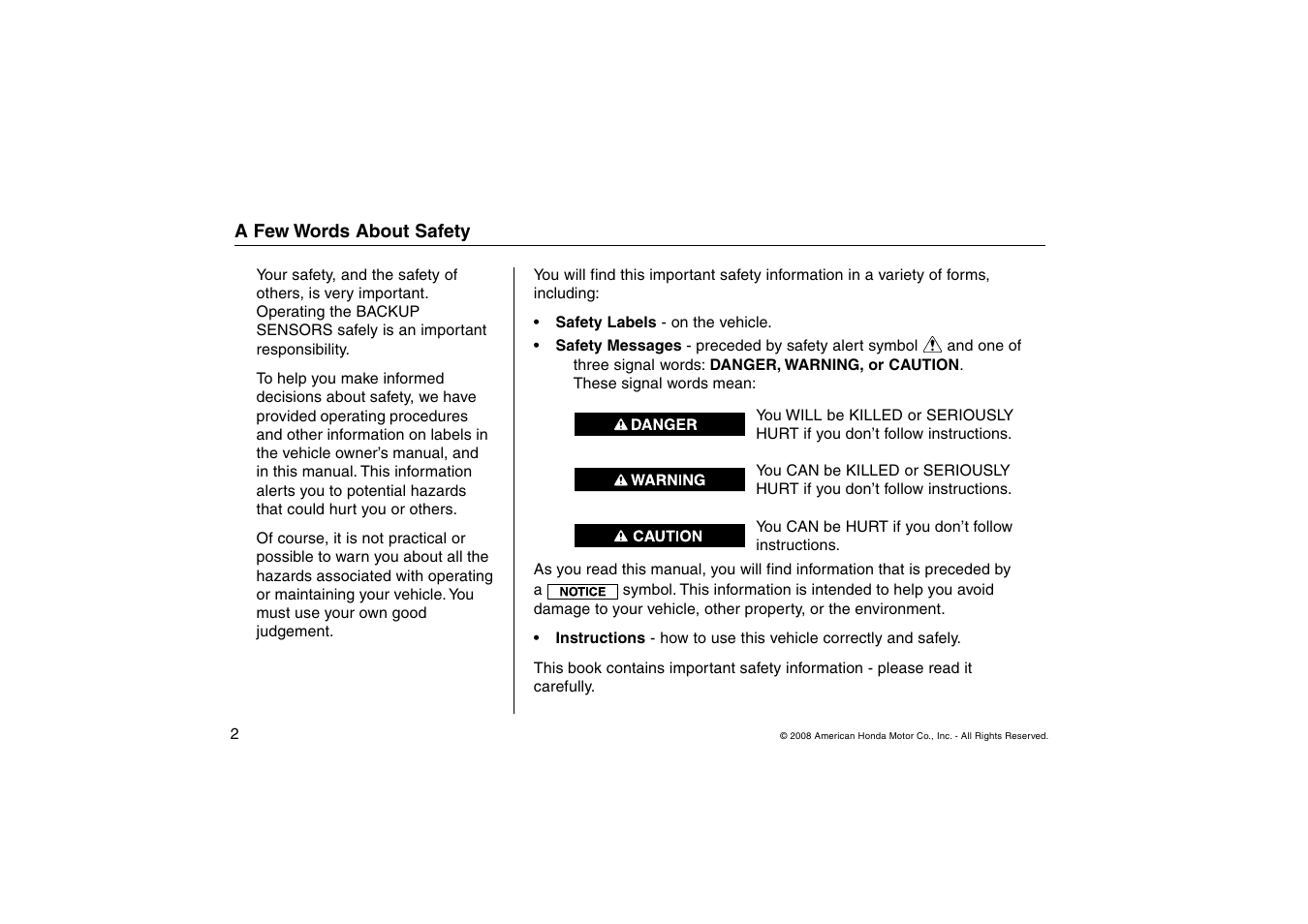 HONDA Backup Sensors TSX User Manual | Page 2 / 16