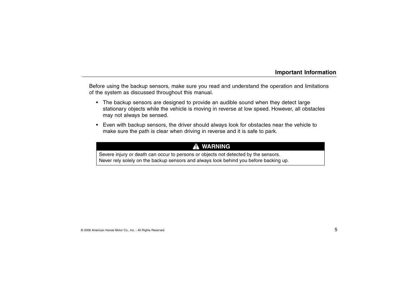 HONDA Backup Sensors TSX User Manual | Page 5 / 16