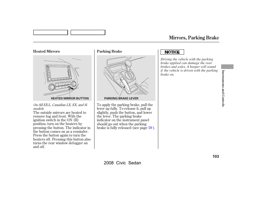 Mirrors, parking brake, 2008 civic sedan | HONDA 2008 Civic Sedan User Manual | Page 106 / 324