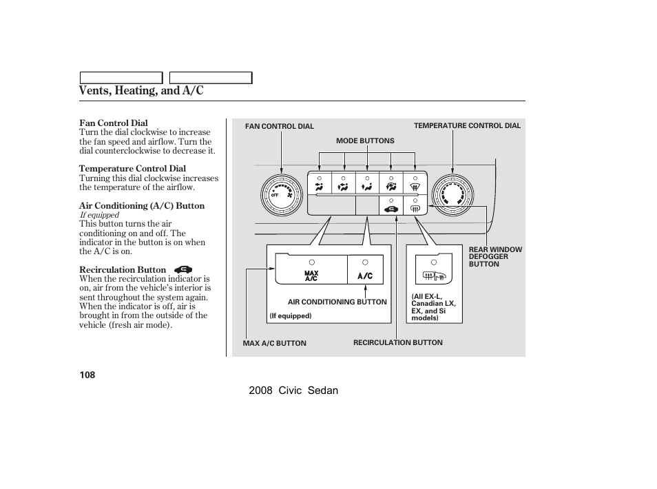 Vents, heating, and a/c, 2008 civic sedan | HONDA 2008 Civic Sedan User Manual | Page 111 / 324