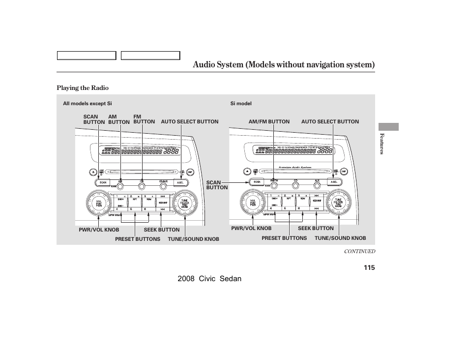 Audio system (models without navigation system), 2008 civic sedan | HONDA 2008 Civic Sedan User Manual | Page 118 / 324