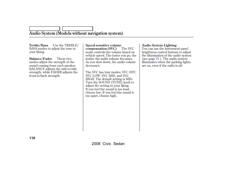 Audio system (models without navigation system) | HONDA 2008 Civic Sedan User Manual | Page 121 / 324