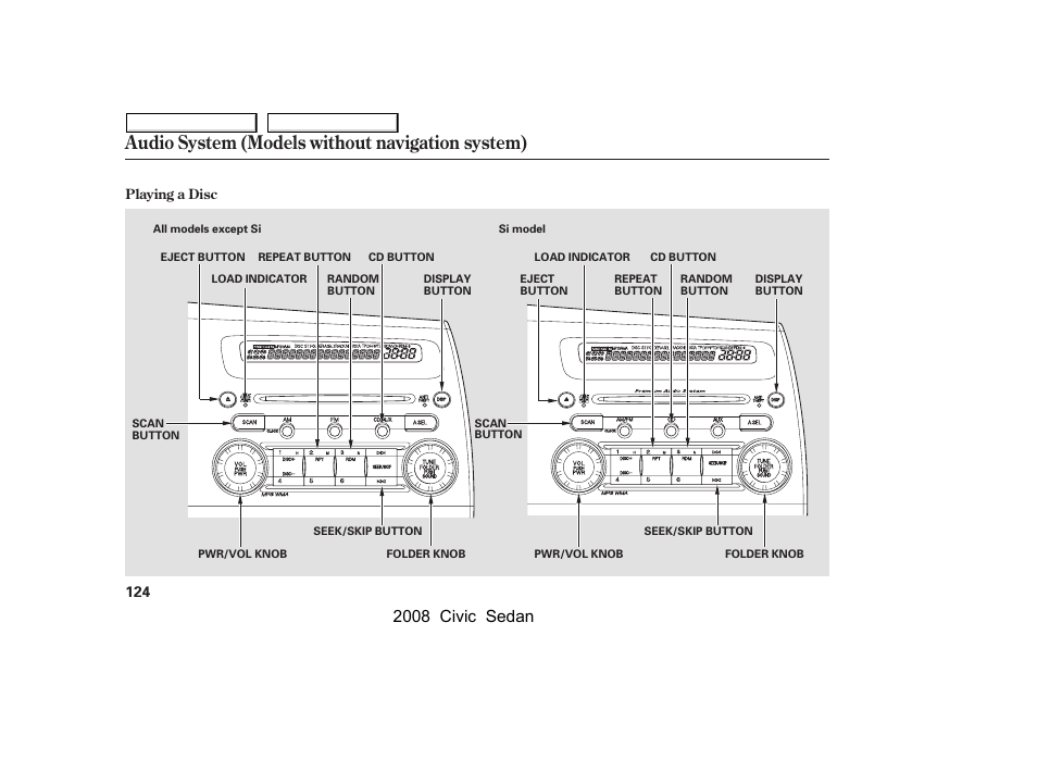 Audio system (models without navigation system), 2008 civic sedan | HONDA 2008 Civic Sedan User Manual | Page 127 / 324