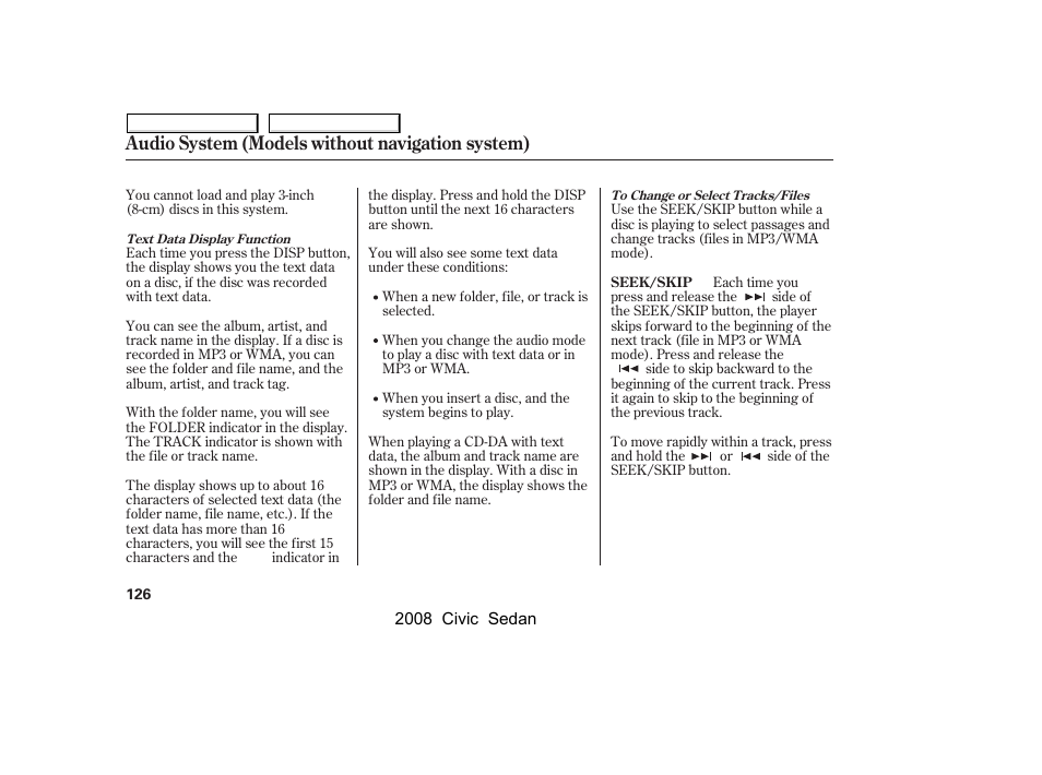 Audio system (models without navigation system) | HONDA 2008 Civic Sedan User Manual | Page 129 / 324