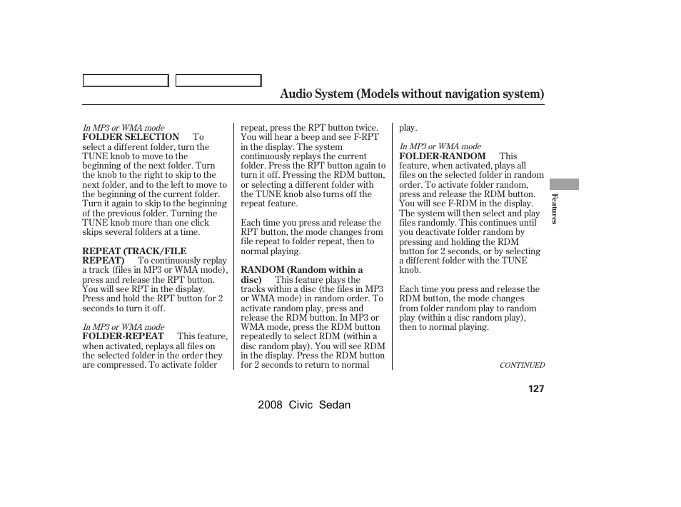 Audio system (models without navigation system) | HONDA 2008 Civic Sedan User Manual | Page 130 / 324