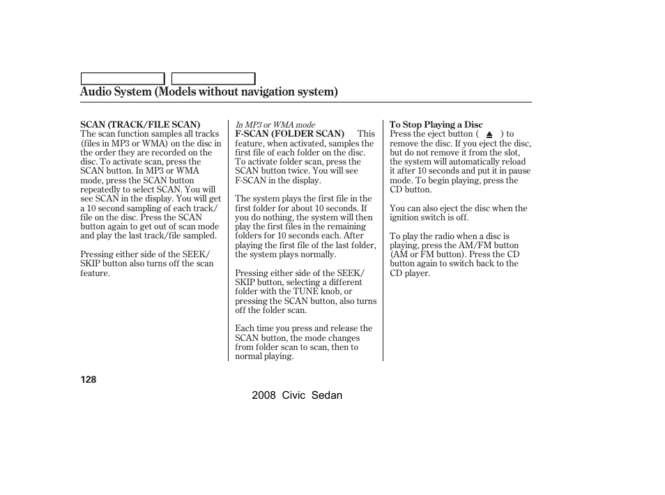 Audio system (models without navigation system) | HONDA 2008 Civic Sedan User Manual | Page 131 / 324