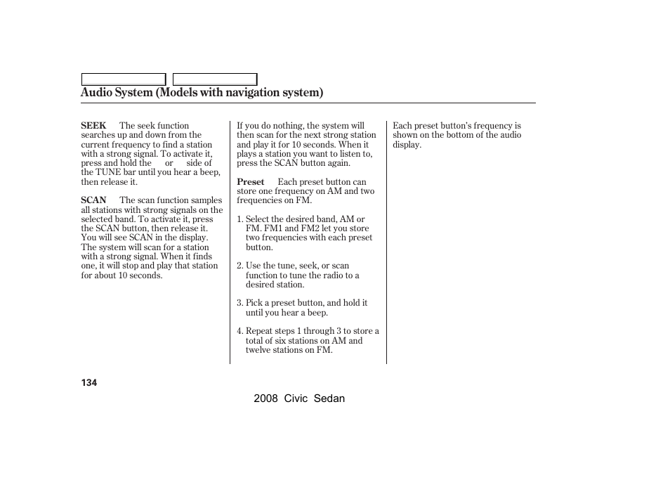 Audio system (models with navigation system) | HONDA 2008 Civic Sedan User Manual | Page 137 / 324