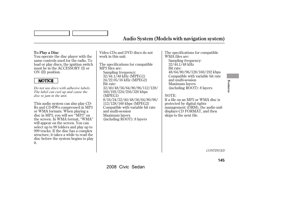 Audio system (models with navigation system) | HONDA 2008 Civic Sedan User Manual | Page 148 / 324