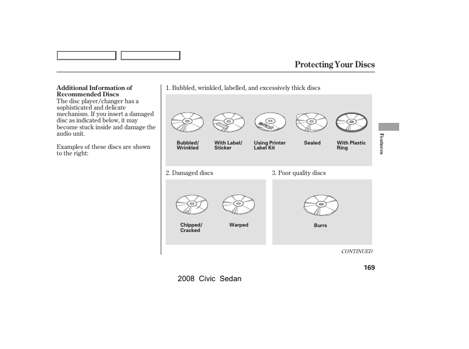 Protecting your discs, 2008 civic sedan | HONDA 2008 Civic Sedan User Manual | Page 172 / 324