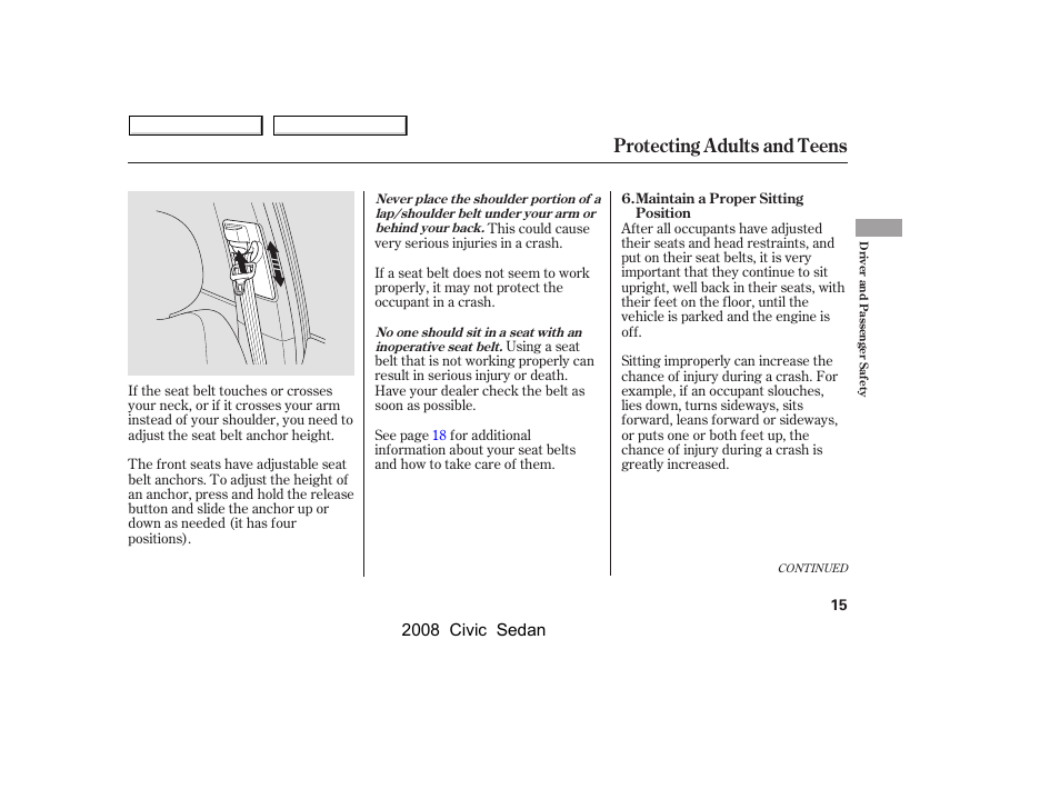 Protecting adults and teens | HONDA 2008 Civic Sedan User Manual | Page 18 / 324