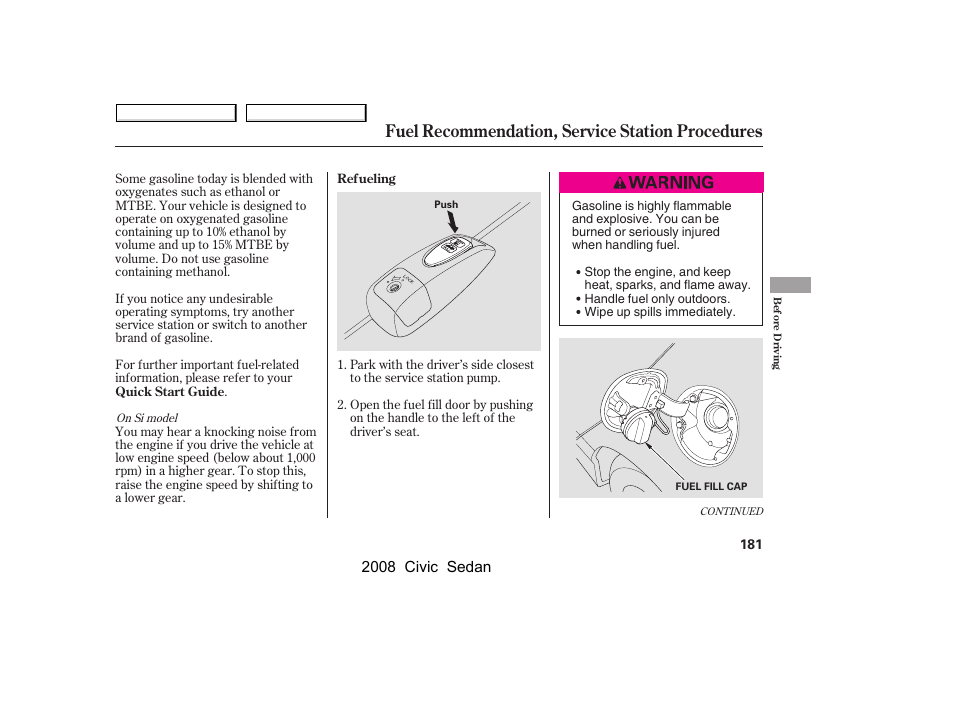 Fuel recommendation, service station procedures, 2008 civic sedan | HONDA 2008 Civic Sedan User Manual | Page 184 / 324