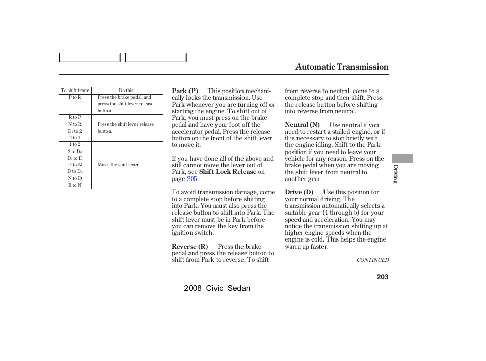 Automatic transmission, 2008 civic sedan | HONDA 2008 Civic Sedan User Manual | Page 206 / 324