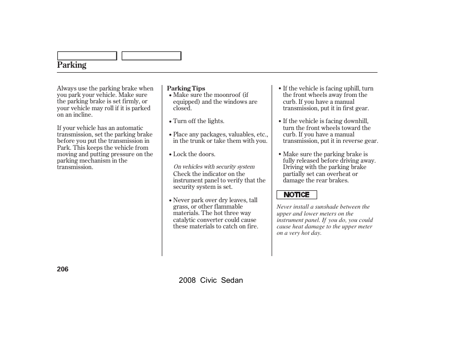 Parking | HONDA 2008 Civic Sedan User Manual | Page 209 / 324