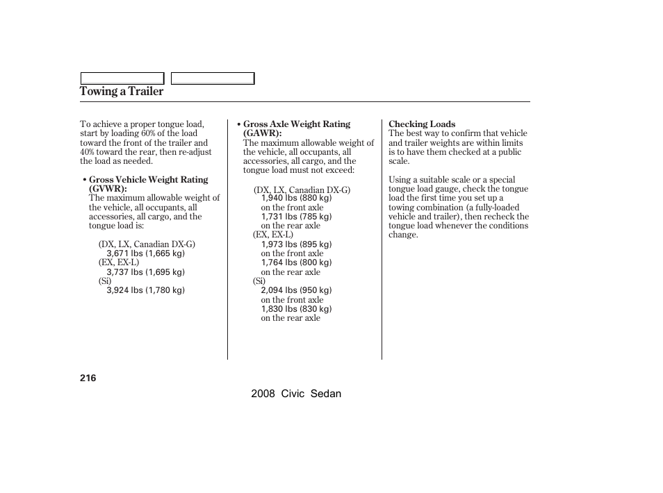 Towing a trailer | HONDA 2008 Civic Sedan User Manual | Page 219 / 324