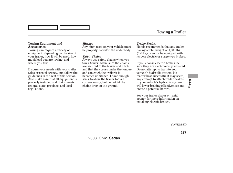 Towing a trailer | HONDA 2008 Civic Sedan User Manual | Page 220 / 324