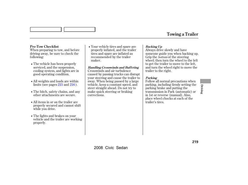 Towing a trailer | HONDA 2008 Civic Sedan User Manual | Page 222 / 324