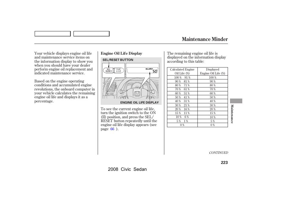 Maintenance minder, 2008 civic sedan | HONDA 2008 Civic Sedan User Manual | Page 226 / 324