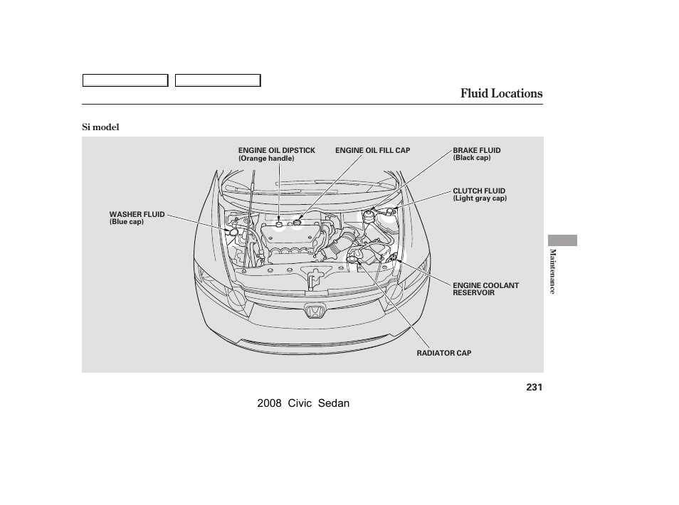 Fluid locations, 2008 civic sedan | HONDA 2008 Civic Sedan User Manual | Page 234 / 324