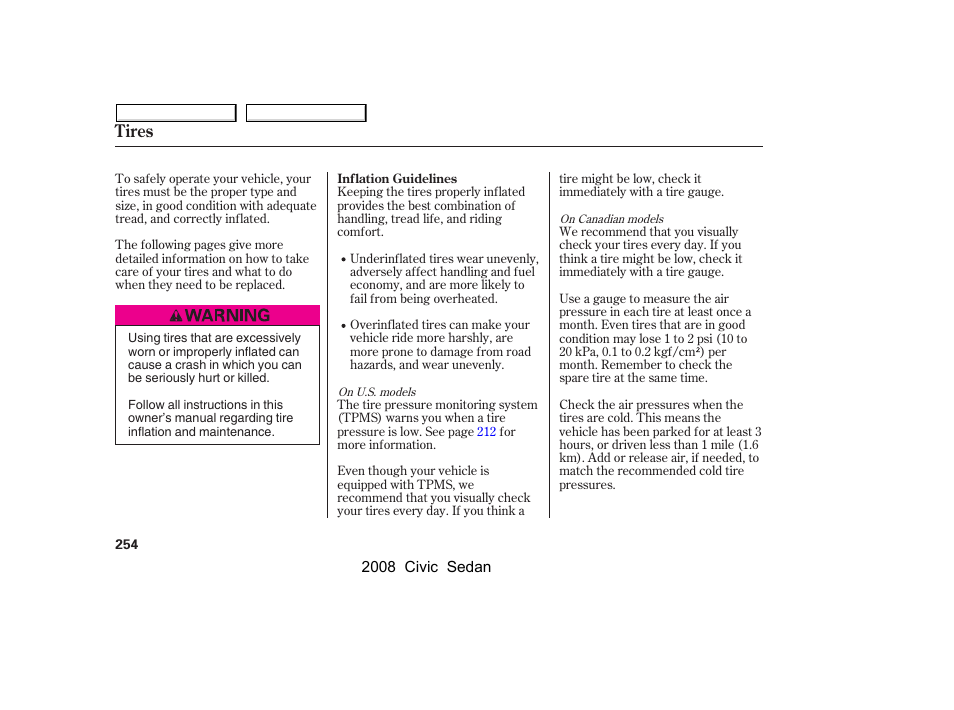 Tires | HONDA 2008 Civic Sedan User Manual | Page 257 / 324
