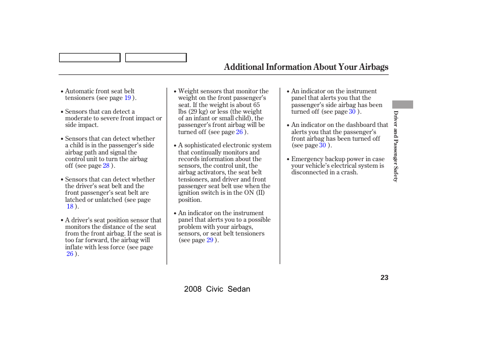 Additional information about your airbags | HONDA 2008 Civic Sedan User Manual | Page 26 / 324