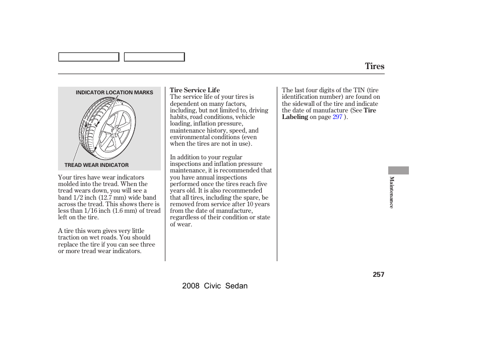 Tires | HONDA 2008 Civic Sedan User Manual | Page 260 / 324