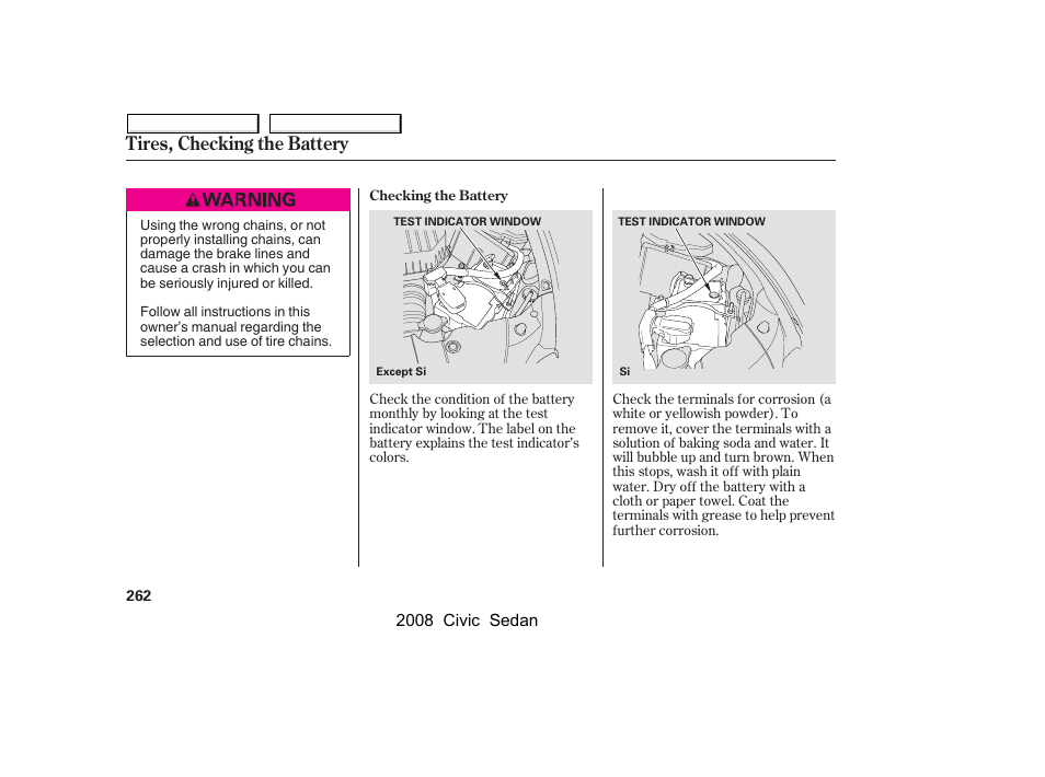 Tires, checking the battery | HONDA 2008 Civic Sedan User Manual | Page 265 / 324