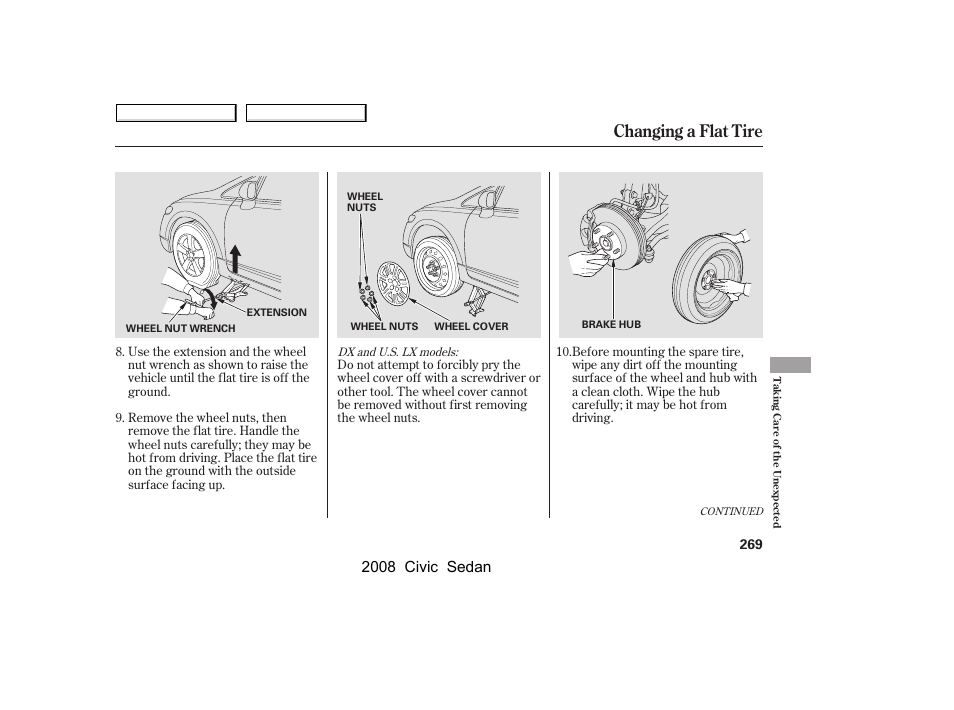 Changing a flat tire, 2008 civic sedan | HONDA 2008 Civic Sedan User Manual | Page 272 / 324