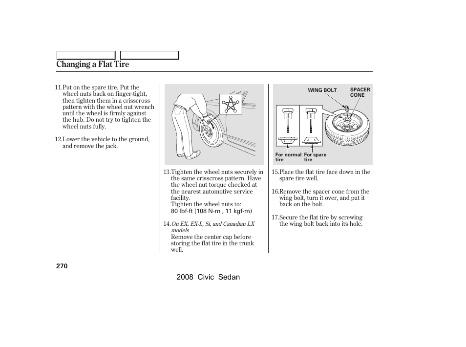 Changing a flat tire | HONDA 2008 Civic Sedan User Manual | Page 273 / 324